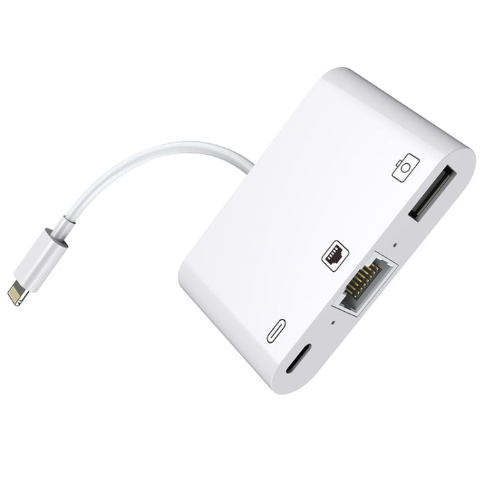 NK-107 3 en 1 Ethernet + USB + puertos hembra de carga de 8 pines a cable convertidor de video digital OTG macho de 8 pines