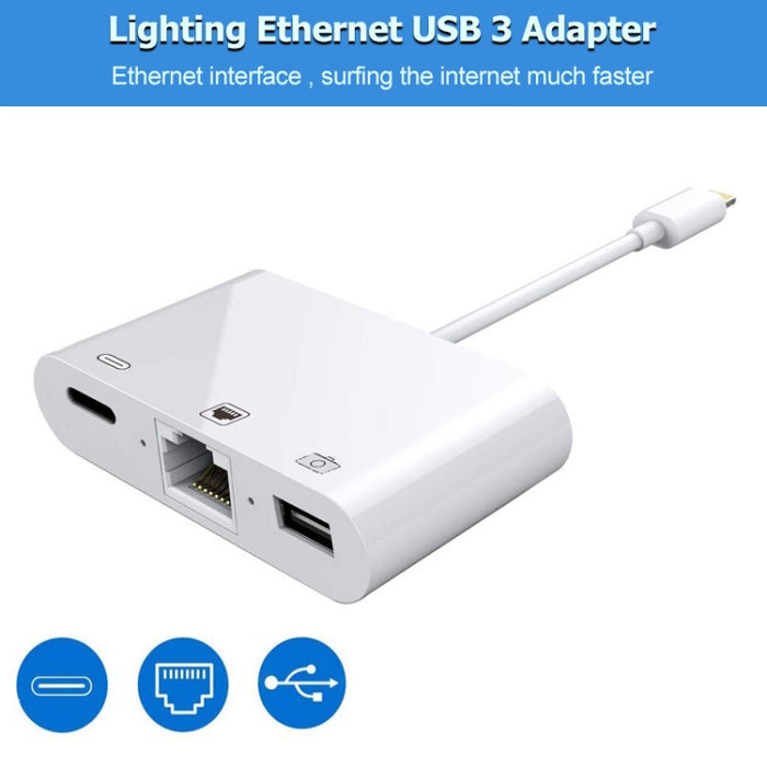 NK-107 3 en 1 Ethernet + USB + puertos hembra de carga de 8 pines a cable convertidor de video digital OTG macho de 8 pines
