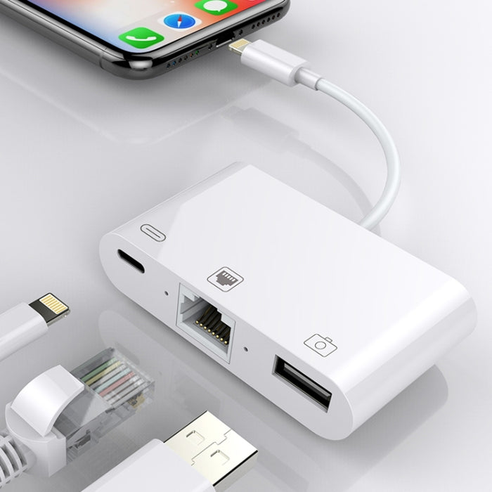 NK-107 3 en 1 Ethernet + USB + puertos hembra de carga de 8 pines a cable convertidor de video digital OTG macho de 8 pines