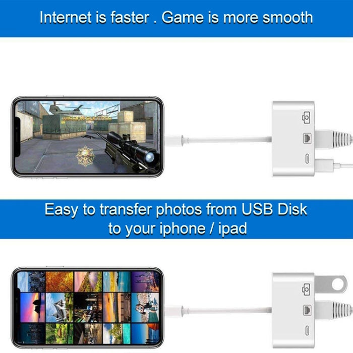 NK-107 3 en 1 Ethernet + USB + puertos hembra de carga de 8 pines a cable convertidor de video digital OTG macho de 8 pines