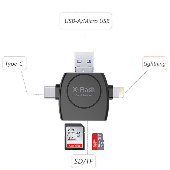 X-Flash R01 3 en 1 8 pines + USB-C / Type-C + Interfaz Micro USB Lector de tarjetas SD / TF