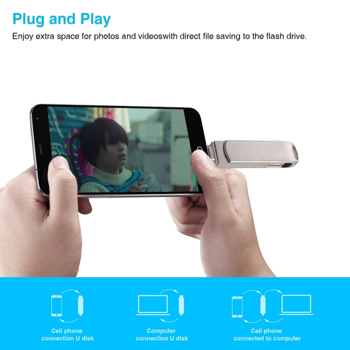 Richwell 3 en 1 64G Micro USB + 8 pines + USB 3.0 Disco flash push-pull giratorio de metal con función OTG