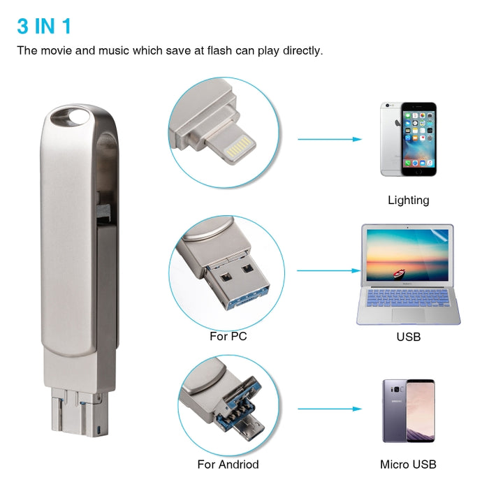 Richwell 3 en 1 32G Micro USB + 8 pines + USB 3.0 Disco flash push-pull giratorio de metal con función OTG
