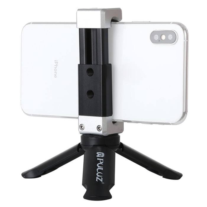 Trípode de plástico plegable PULUZ + soporte de abrazadera de aleación de aluminio con zapata fría para iPhone, Galaxy, Huawei, Xiaomi, Sony, HTC, Google y otros teléfonos inteligentes