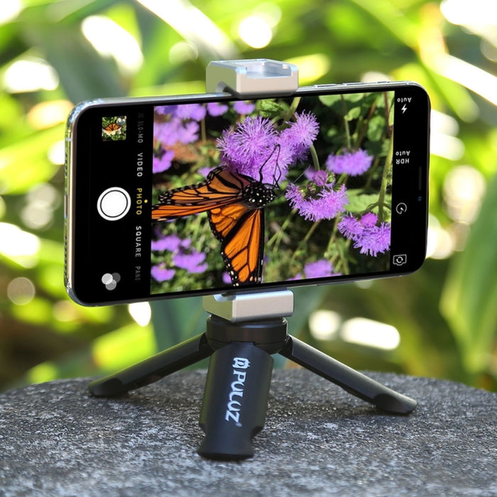 Trípode de plástico plegable PULUZ + soporte de abrazadera de aleación de aluminio con zapata fría para iPhone, Galaxy, Huawei, Xiaomi, Sony, HTC, Google y otros teléfonos inteligentes