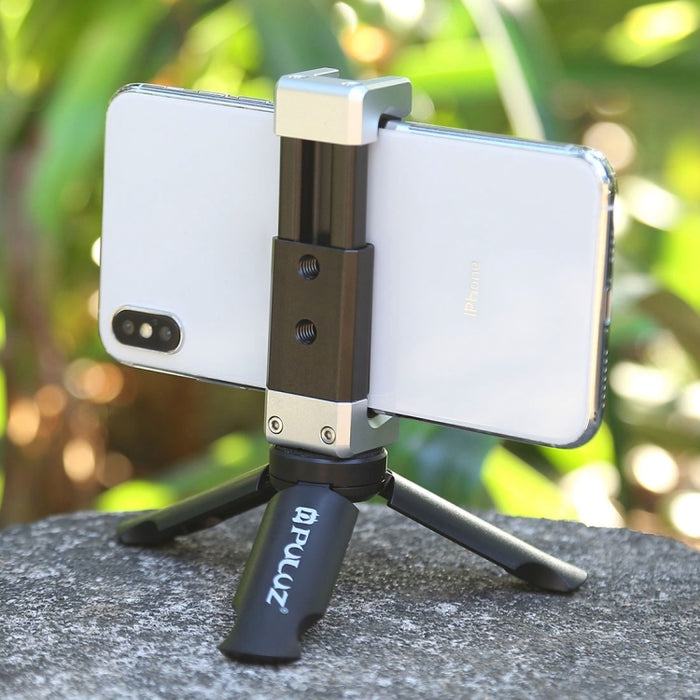 Trípode de plástico plegable PULUZ + soporte de abrazadera de aleación de aluminio con zapata fría para iPhone, Galaxy, Huawei, Xiaomi, Sony, HTC, Google y otros teléfonos inteligentes