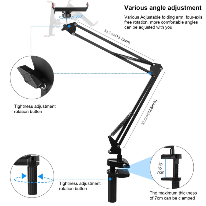 Soporte de brazo articulado de escritorio PULUZ Live Broadcast con abrazadera para tableta, Tablet Clamp