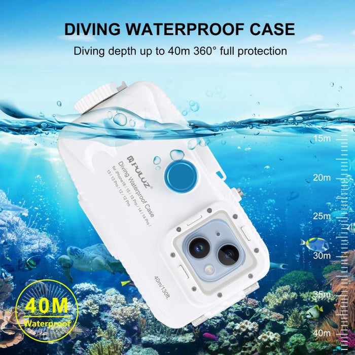 PULUZ Estuche de buceo impermeable de 40 m / 130 pies para iPhone 15 Pro / 14/14 Pro / 13/13 Pro / 12/12 Pro, con válvula unidireccional para tomar fotografías y videos cubierta de carcasa subacuática