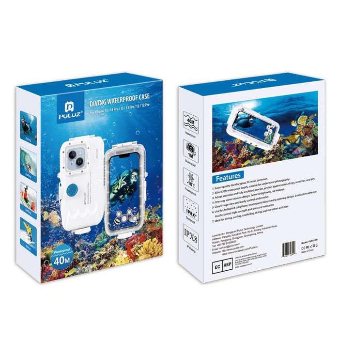 PULUZ Estuche de buceo impermeable de 40 m / 130 pies para iPhone 15 Pro / 14/14 Pro / 13/13 Pro / 12/12 Pro, con válvula unidireccional para tomar fotografías y videos cubierta de carcasa subacuática