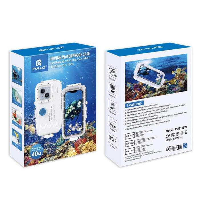PULUZ Estuche de buceo impermeable de 40 m / 130 pies para iPhone 15 Pro / 14/14 Pro / 13/13 Pro / 12/12 Pro, con válvula unidireccional para tomar fotografías y videos cubierta de carcasa subacuática