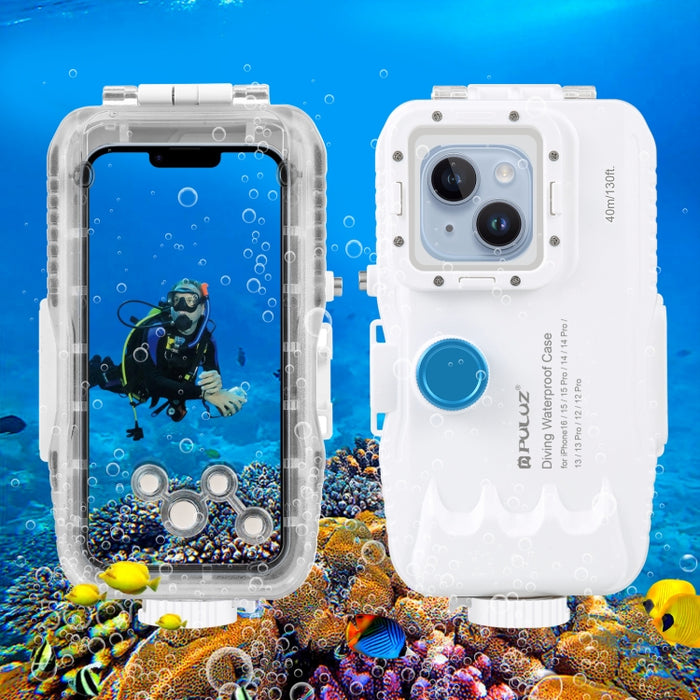 PULUZ Estuche de buceo impermeable de 40 m / 130 pies para iPhone 15 Pro / 14/14 Pro / 13/13 Pro / 12/12 Pro, con válvula unidireccional para tomar fotografías y videos cubierta de carcasa subacuática