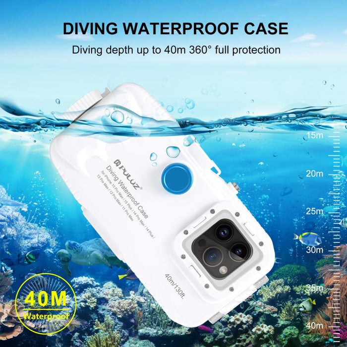 PULUZ Estuche de buceo impermeable de 40 m / 130 pies para iPhone 14 Plus / 14 Pro Max / 13 Pro Max / 12 Pro Max / 11 Pro Max, con válvula unidireccional para tomar fotografías y videos cubierta de carcasa subacuática