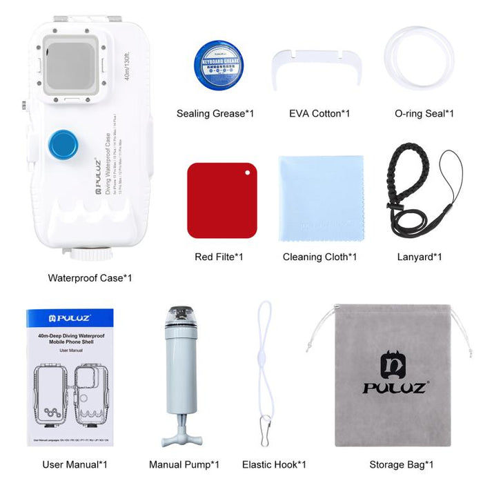 PULUZ Estuche de buceo impermeable de 40 m / 130 pies para iPhone 14 Plus / 14 Pro Max / 13 Pro Max / 12 Pro Max / 11 Pro Max, con válvula unidireccional para tomar fotografías y videos cubierta de carcasa subacuática