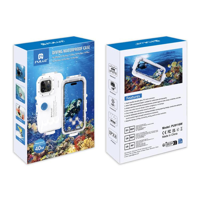 PULUZ Estuche de buceo impermeable de 40 m / 130 pies para iPhone 14 Plus / 14 Pro Max / 13 Pro Max / 12 Pro Max / 11 Pro Max, con válvula unidireccional para tomar fotografías y videos cubierta de carcasa subacuática