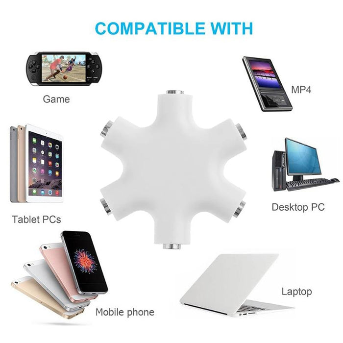 Conector de auriculares divisor de audio de 6 puertos, compatible con teléfonos, tabletas, auriculares, reproductor de MP3, estéreo para automóvil/hogar y más,
