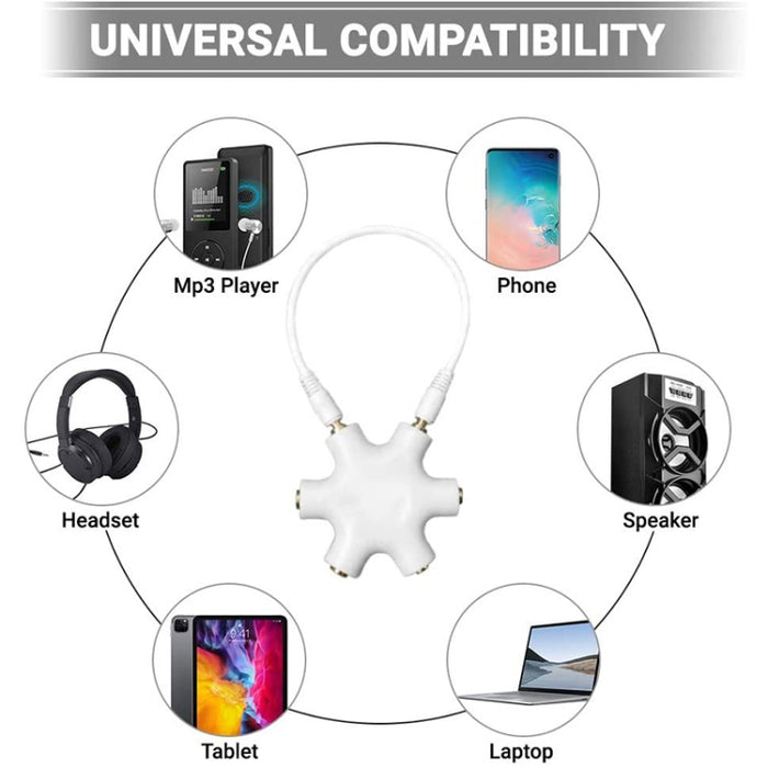Conector de auriculares divisor de audio de 6 puertos con cable de audio de 3,5 mm, compatible con teléfonos, tabletas, auriculares, reproductor de MP3, estéreo para automóvil/hogar y más