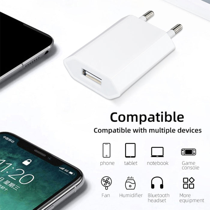Adaptador de cargador USB con enchufe europeo de 5V/1A para iPhone, Galaxy, Huawei, Xiaomi, LG, HTC y otros teléfonos inteligentes, dispositivos recargables