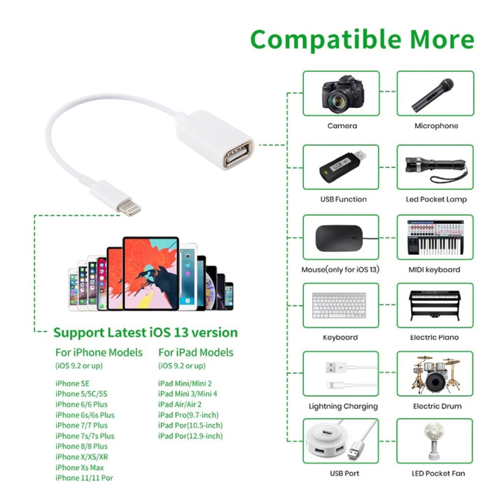Cable adaptador OTG USB hembra a macho de 8 pines, compatible con iOS 10.2 e inferior, longitud: 18 cm