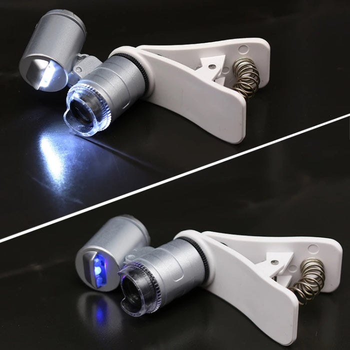 Microscopio / Microlente universal tipo clip para teléfono LED 60X