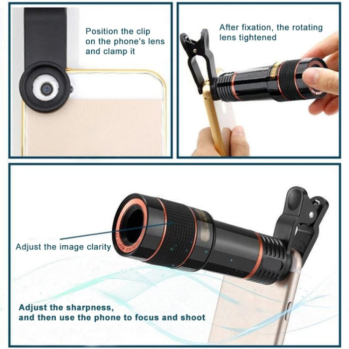 Lente de telescopio con zoom óptico universal con zoom 12X y clip