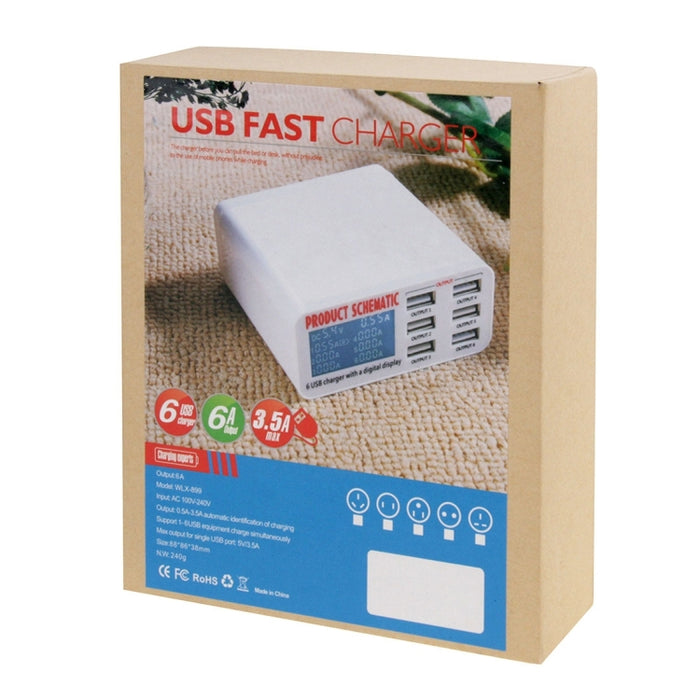 Cargador USB WLX-899 de 30 W, salida de 5 V, 6 A, cargador USB de 6 puertos de alta velocidad máxima de 3,5 A con pantalla digital y cable de 1,5 m
