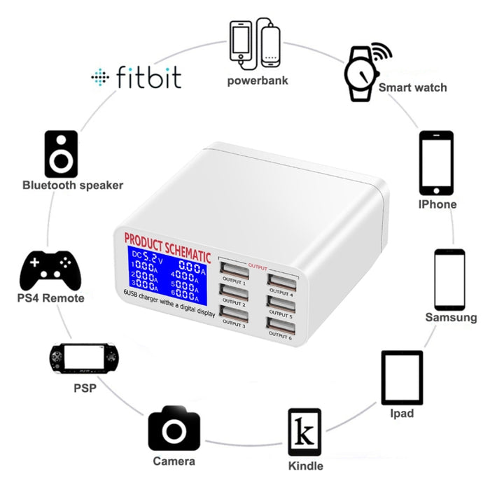 Cargador USB WLX-899 de 30 W, salida de 5 V, 6 A, cargador USB de 6 puertos de alta velocidad máxima de 3,5 A con pantalla digital y cable de 1,5 m