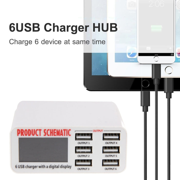 Cargador USB WLX-899 de 30 W, salida de 5 V, 6 A, cargador USB de 6 puertos de alta velocidad máxima de 3,5 A con pantalla digital y cable de 1,5 m