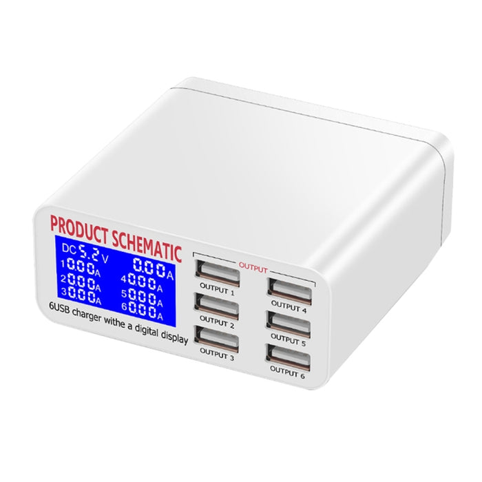 Cargador USB WLX-899 de 30 W, salida de 5 V, 6 A, cargador USB de 6 puertos de alta velocidad máxima de 3,5 A con pantalla digital y cable de 1,5 m