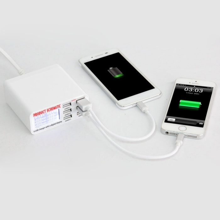 Cargador USB WLX-899 de 30 W, salida de 5 V, 6 A, cargador USB de 6 puertos de alta velocidad máxima de 3,5 A con pantalla digital y cable de 1,5 m