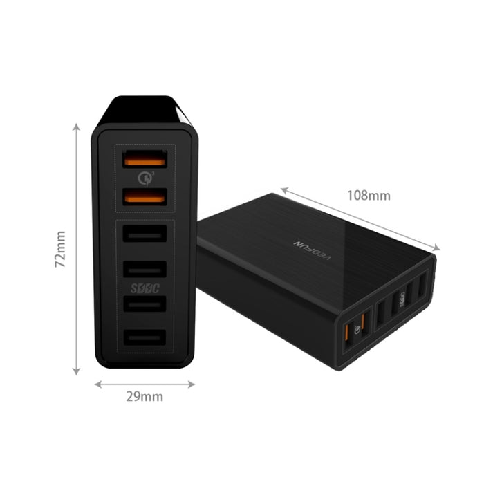 VEDFUN TurboCube D620 Seis puertos Carga rápida 3.0 + Cargador USB con tecnología SDDC, enchufe UE/EE. UU./Reino Unido