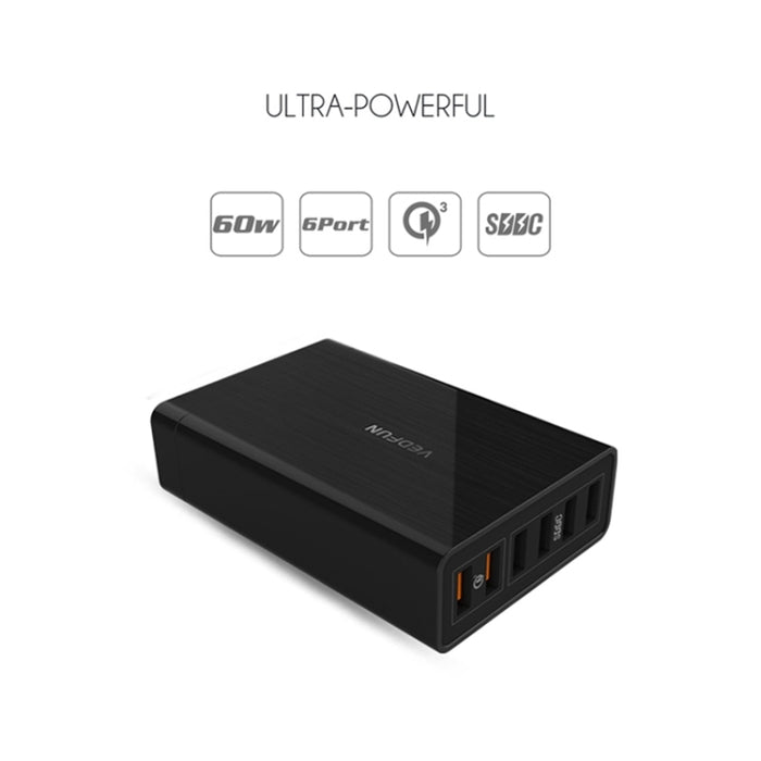 VEDFUN TurboCube D620 Seis puertos Carga rápida 3.0 + Cargador USB con tecnología SDDC, enchufe UE/EE. UU./Reino Unido