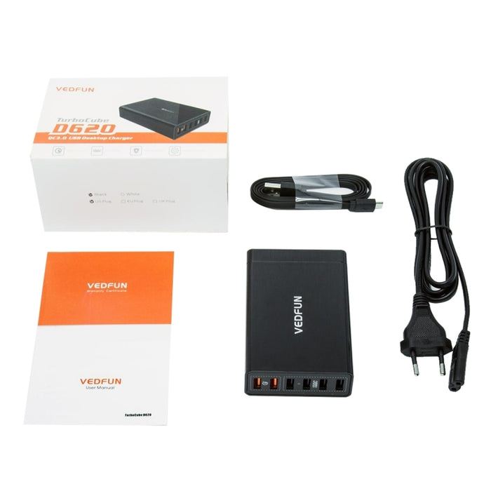 VEDFUN TurboCube D620 Seis puertos Carga rápida 3.0 + Cargador USB con tecnología SDDC, enchufe UE/EE. UU./Reino Unido