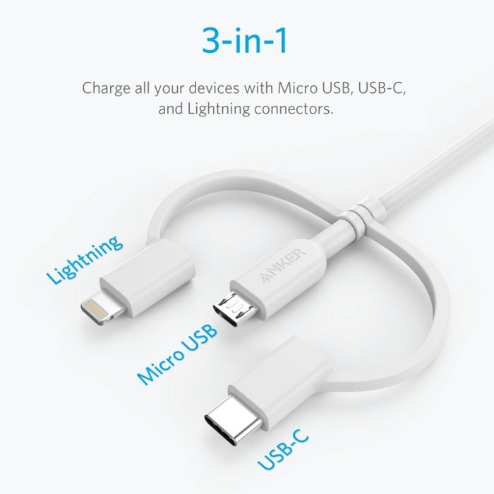 ANKER 3 en 1 8 pines + Micro USB + USB-C / Tipo-C Cable de datos certificado MFI