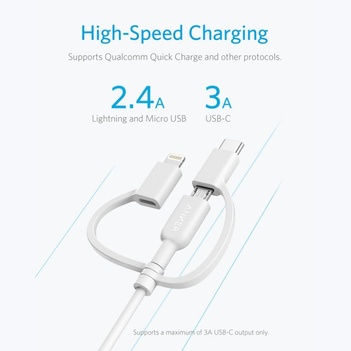 ANKER 3 en 1 8 pines + Micro USB + USB-C / Tipo-C Cable de datos certificado MFI