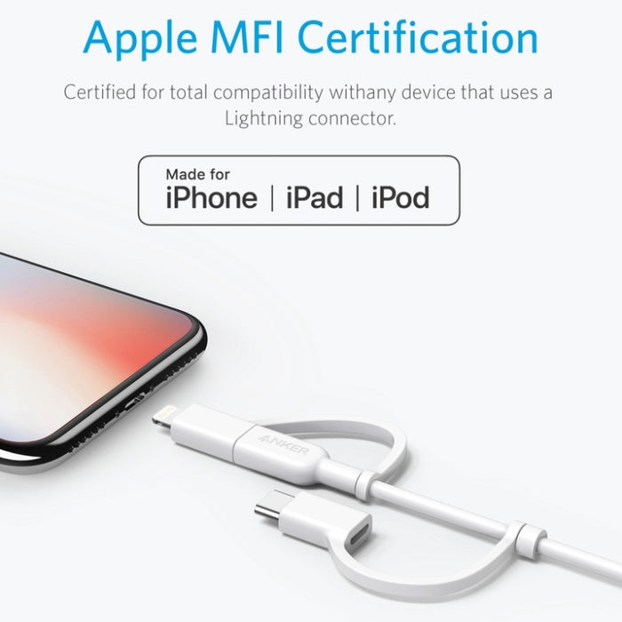 ANKER 3 en 1 8 pines + Micro USB + USB-C / Tipo-C Cable de datos certificado MFI
