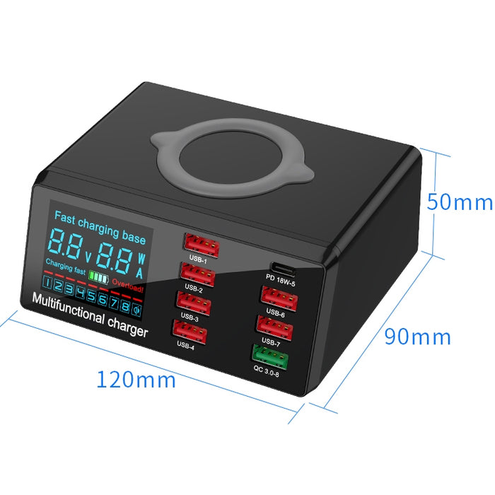 Interfaz USB X9 9 en 1 QC 3,0 + 6 puertos USB + puertos PD 65W + cargador multifunción de carga rápida inalámbrica QI con pantalla LED