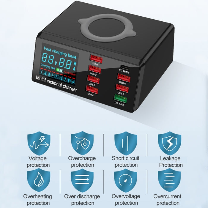 Interfaz USB X9 9 en 1 QC 3,0 + 6 puertos USB + puertos PD 65W + cargador multifunción de carga rápida inalámbrica QI con pantalla LED