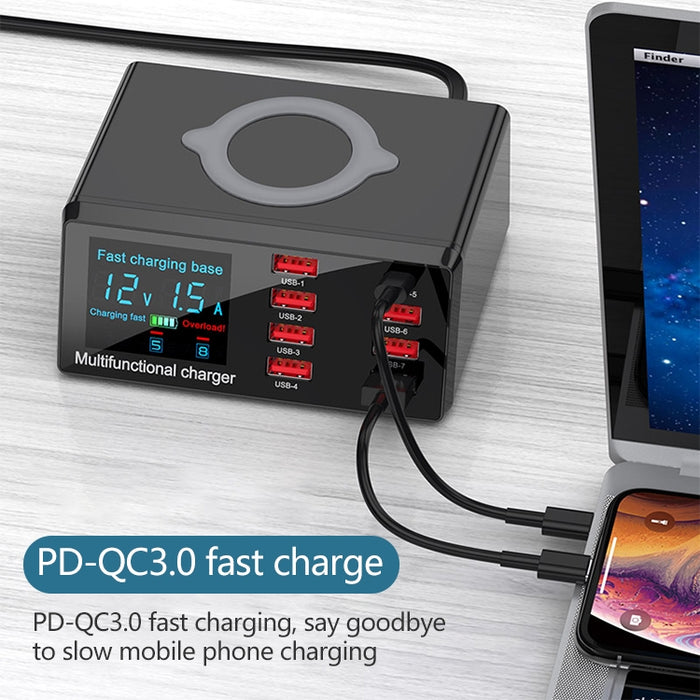 Interfaz USB X9 9 en 1 QC 3,0 + 6 puertos USB + puertos PD 65W + cargador multifunción de carga rápida inalámbrica QI con pantalla LED
