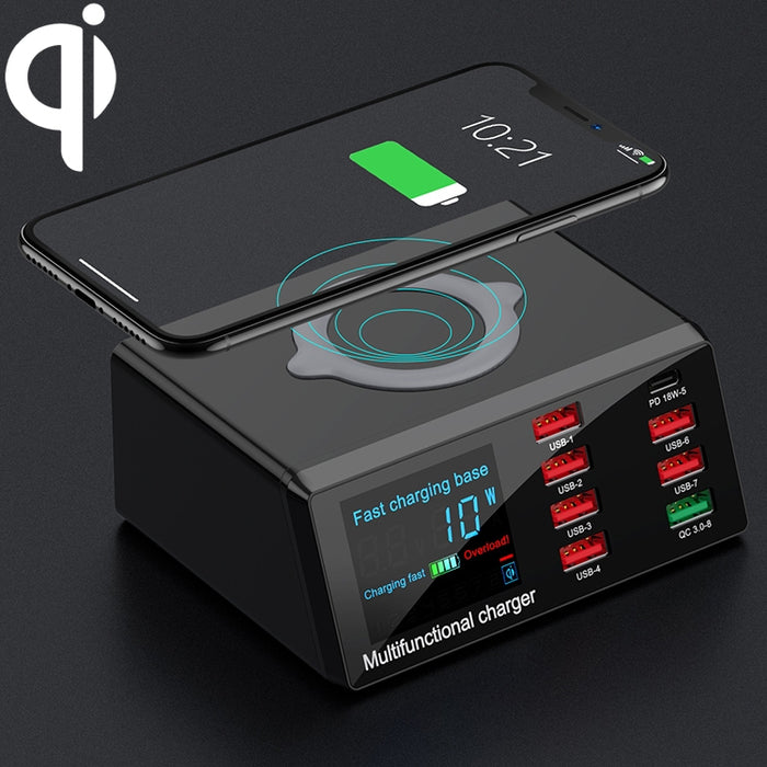 Interfaz USB X9 9 en 1 QC 3,0 + 6 puertos USB + puertos PD 65W + cargador multifunción de carga rápida inalámbrica QI con pantalla LED