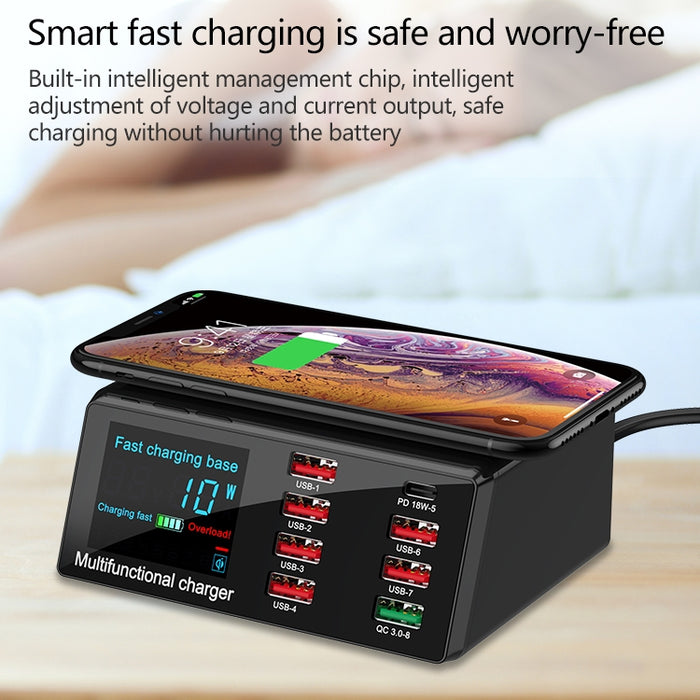 Interfaz USB X9 9 en 1 QC 3,0 + 6 puertos USB + puertos PD 65W + cargador multifunción de carga rápida inalámbrica QI con pantalla LED