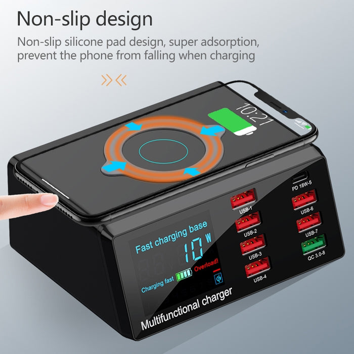 Interfaz USB X9 9 en 1 QC 3,0 + 6 puertos USB + puertos PD 65W + cargador multifunción de carga rápida inalámbrica QI con pantalla LED