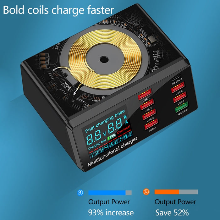 Interfaz USB X9 9 en 1 QC 3,0 + 6 puertos USB + puertos PD 65W + cargador multifunción de carga rápida inalámbrica QI con pantalla LED