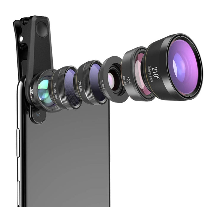 APEXEL APL-DG6V2 6 en 1 teléfono externo Universal 2X + ojo de pez de 210 grados + Macro 15X + gran angular de 120 grados + CPL + lente de filtro de estrella