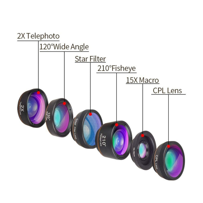 APEXEL APL-DG6V2 6 en 1 teléfono externo Universal 2X + ojo de pez de 210 grados + Macro 15X + gran angular de 120 grados + CPL + lente de filtro de estrella