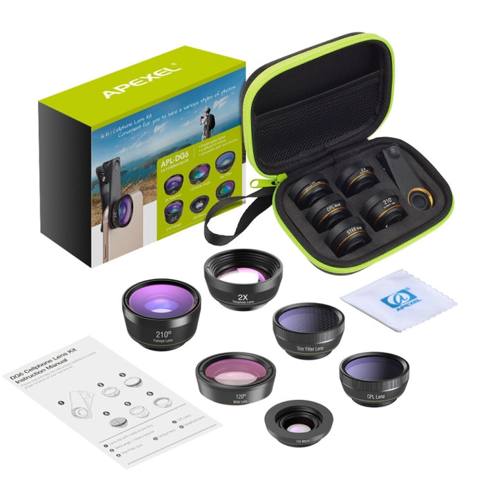 APEXEL APL-DG6V2 6 en 1 teléfono externo Universal 2X + ojo de pez de 210 grados + Macro 15X + gran angular de 120 grados + CPL + lente de filtro de estrella