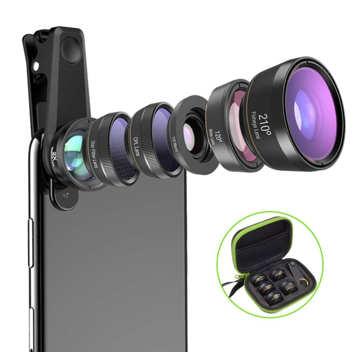 APEXEL APL-DG6V2 6 en 1 teléfono externo Universal 2X + ojo de pez de 210 grados + Macro 15X + gran angular de 120 grados + CPL + lente de filtro de estrella
