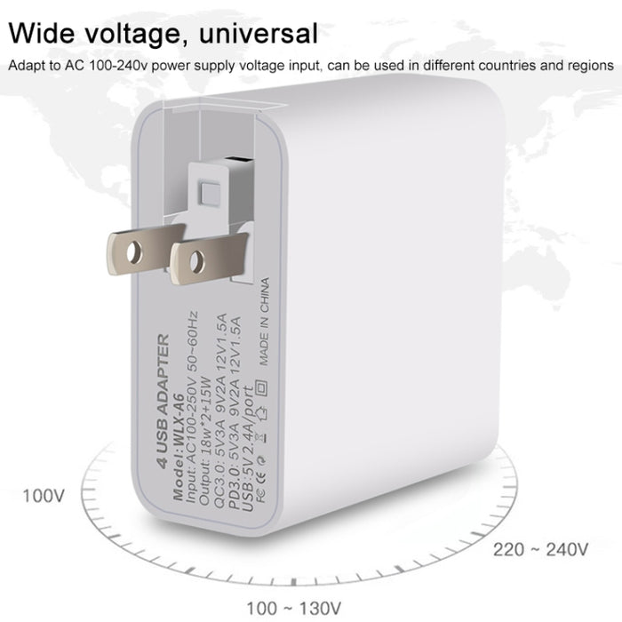 WLX-A6 Adaptador de corriente para cargador de viaje USB de carga rápida de 4 puertos, enchufe de EE. UU.