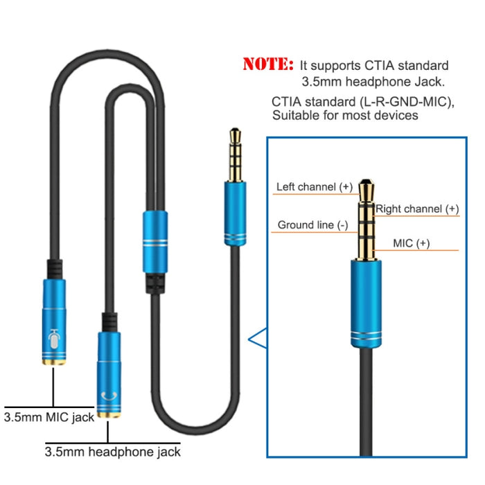 Divisor de cable de audio de alta elasticidad TPE 2 en 1 macho de 3,5 mm a doble hembra de 3,5 mm, longitud del cable: 32 cm