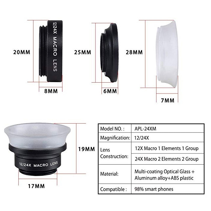APEXEL APL-24X-H 2 en 1 Lente macro externa universal para teléfono móvil 12X y 24X con parasol