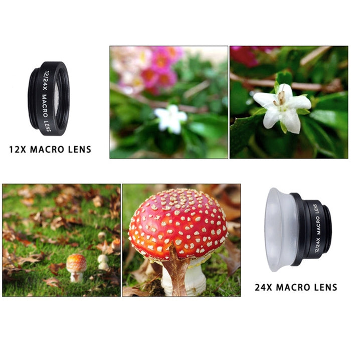 APEXEL APL-24X-H 2 en 1 Lente macro externa universal para teléfono móvil 12X y 24X con parasol